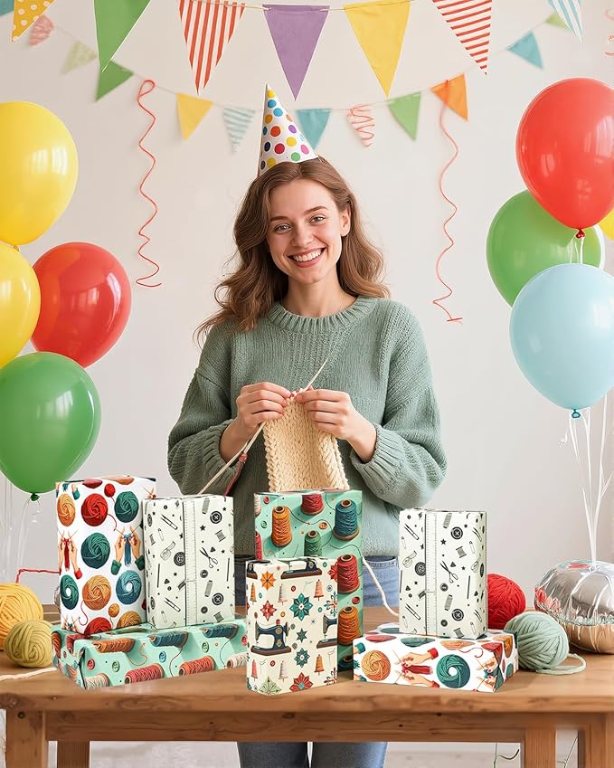 Pineraap 12 Sheets Sewing Theme Wrapping Paper, Vintage Sewing Machine, Button, Yarn Printed Gift Wrap Folded Flat Craft Paper for Sewing Lovers, Seamstress, Women, Mom, Grandma, 19.7 x 27.6 Inch