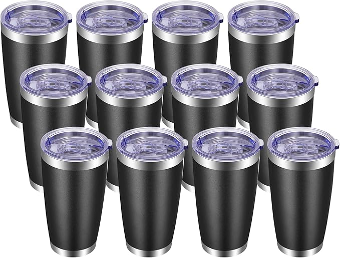 VEGOND 20oz Tumbler with Lid and Straw Stainless Steel Tumbler Cup Bulk Vacuum Insulated Double Wall Travel Coffee Mug Powder Coated Coffee Cup, Black 12 Pack