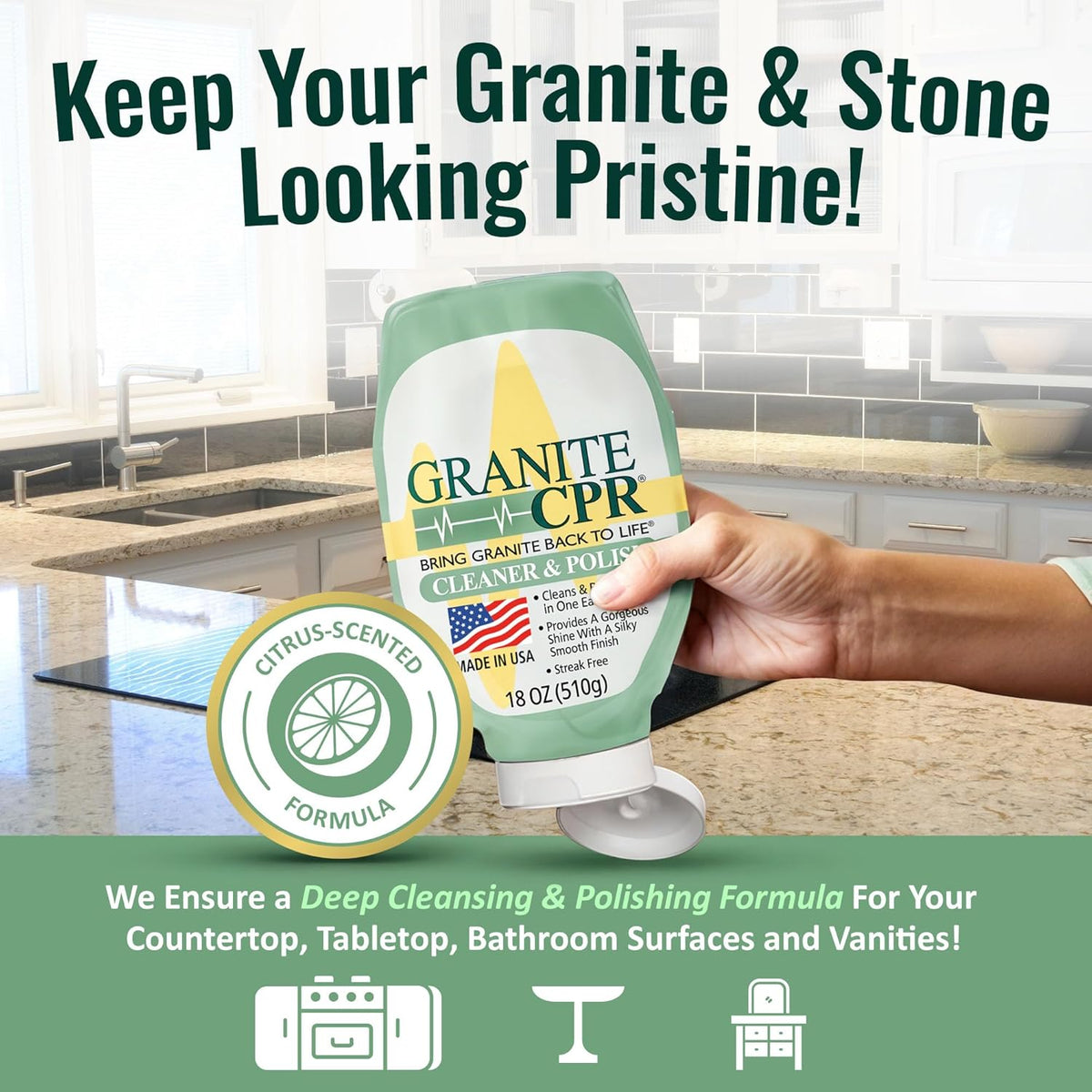 Granite CPR Cleaner & Polish Can Be Used Daily On Granite, Marble, Quartz & Corian. Leaves A Gorgeous Streak-Free Shine & Silky Smooth Finish. Cleans & Polishes All Stone Countertops In One Easy Step.
