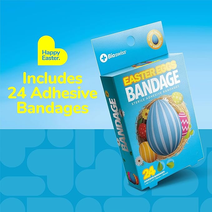BioSwiss Bandages, Easter Egg Shaped Self Adhesive Bandage, Latex Free Sterile Wound Care, Fun First Aid Kit Supplies for Kids, 24 Count