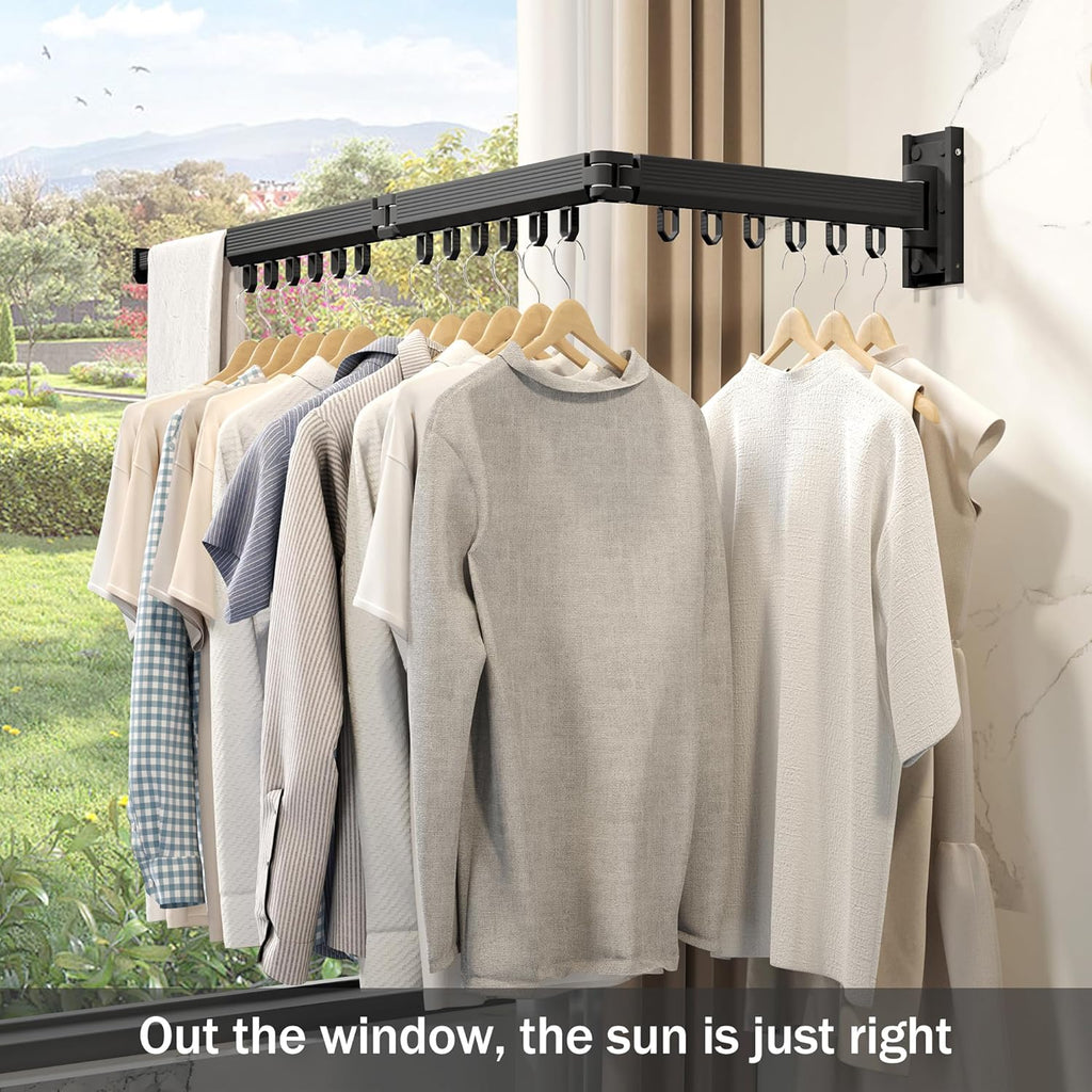 Wall Mounted Clothes Drying Rack, Retractable & Collapsible, Foldable Black-Ring Laundry Hanger
