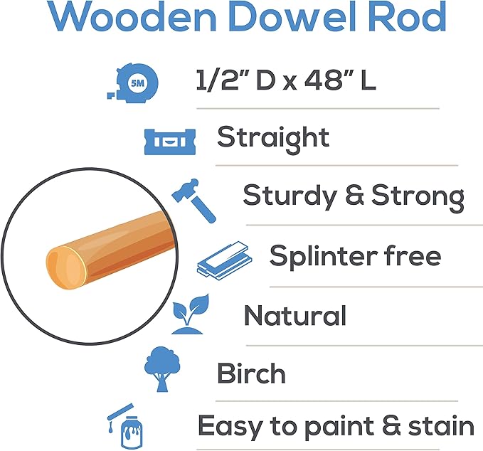 Dowel Rods Wood Sticks Wooden Dowel Rods - 1/2 x 48 Inch Unfinished Hardwood Sticks - for Crafts and DIYers - 5 Pieces by Woodpeckers