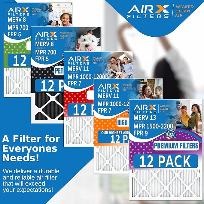 22x22x1 Air Filter MERV 11 Rating, 12 Pack of Furnace Filters Comparable to MPR 1000, MPR 1200 & FPR 7 - Made in USA by AIRX FILTERS WICKED CLEAN AIR.