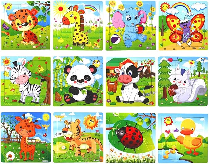 SANNIX 12 Pack Jigsaw Puzzles for Toddlers Wooden Animals Jigsaw Puzzles 9 pcs with 12 Organize Bags for Kids Ages 2 3 4 5 Preschool Educational Puzzles Learning Travel Toys for Boys and Girls