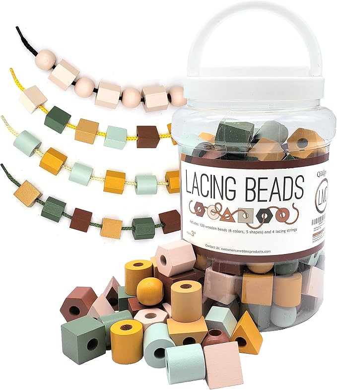 Wooden Lacing Beads & Strings 125 Pieces, Fine Motor Skills Toys for 3 Year Old, Boho Colors
