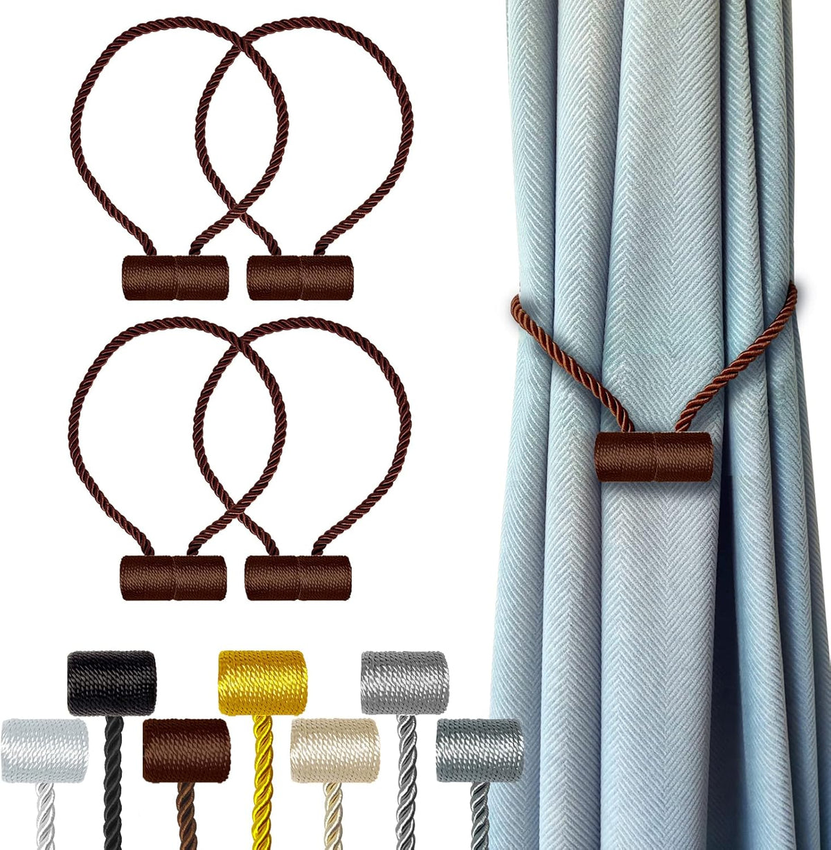 Hion Magnetic Curtain Tiebacks Dark Brown 4 Pack, Curtain Tiebacks Buckles Holdbacks Holders Hooks Clip for Home Bedroom Office Decorative Thick or Thin Curtain