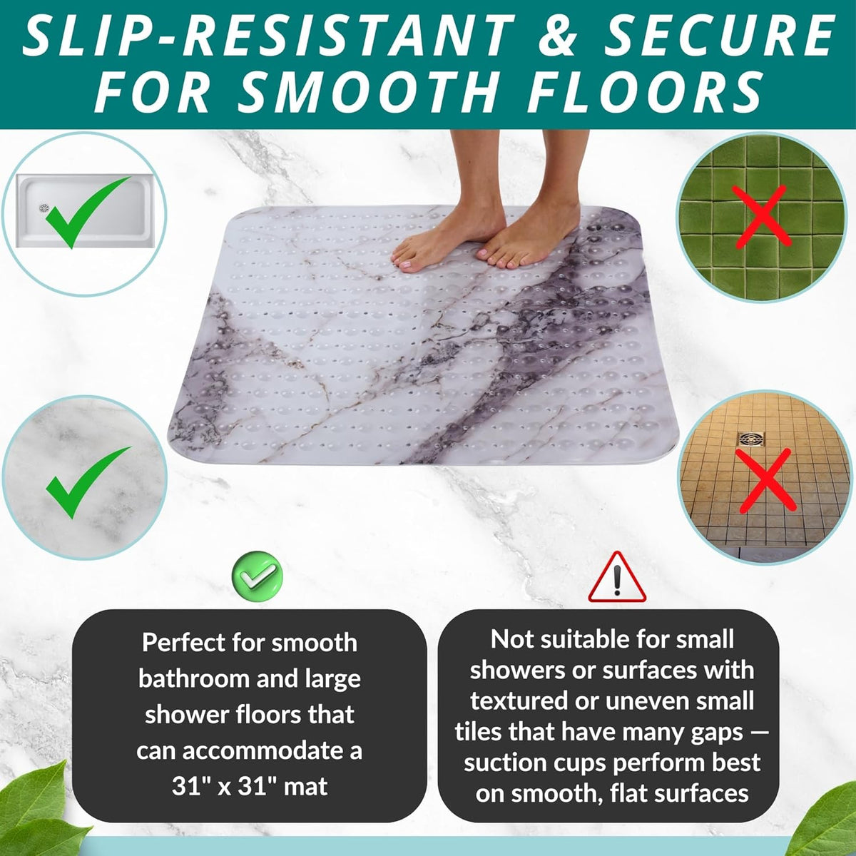 ENKOSI Extra Large Square Non Slip Shower Mat - 31 x 31-inch XL Bathroom Shower Mat - Square Shower Matts for Shower Stall Floors - Secure Suction Cups and Drain Holes (31x31 Marble Grey)