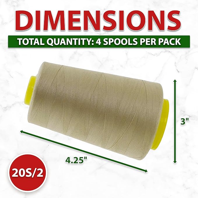 Mandala Crafts 4 Pack of Serger Threads Cones Spools - 20S/2 24000 Yards Polyester Beige Threads for Sergers Machine and Overlock Quilting Sewing Machine