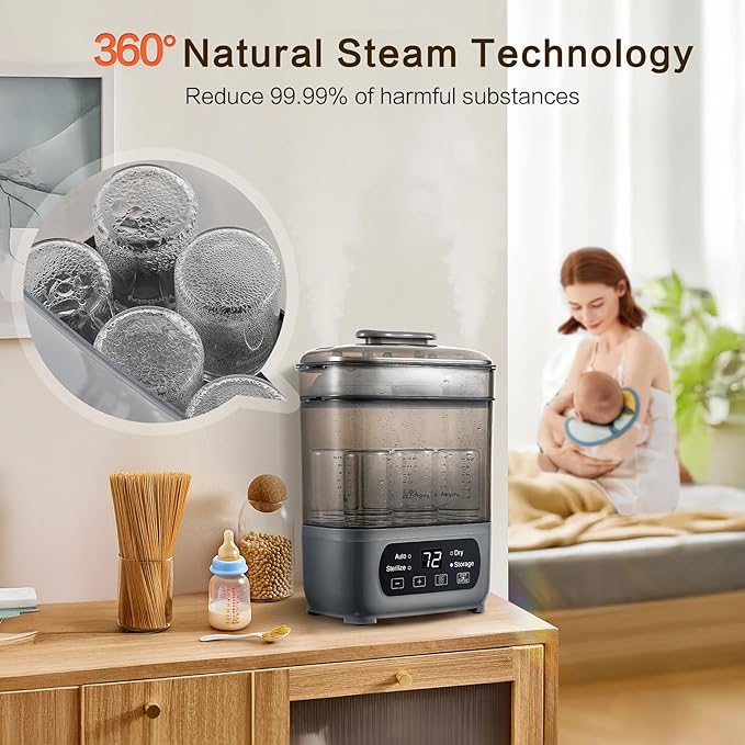 4-in-1 Baby Bottle Steamer and Dryer, Electric Steamer with Fast Drying, Universal Fit for All Bottles, LED Touch Screen & Auto Shut-Off Protection (Grey)