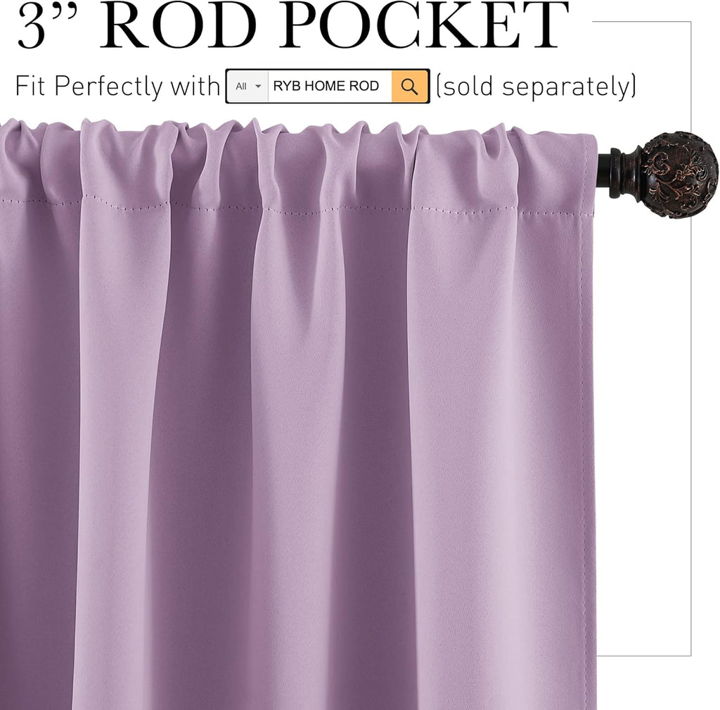 RYB HOME Small Kitchen Curtains, Room Darkening Drapes Energy Efficient Half Window Coverings Heavy Duty Solid Decor for Bedroom Bathroom Dining Room, W42 x L36 inches, Lilac, 2 Panels Set