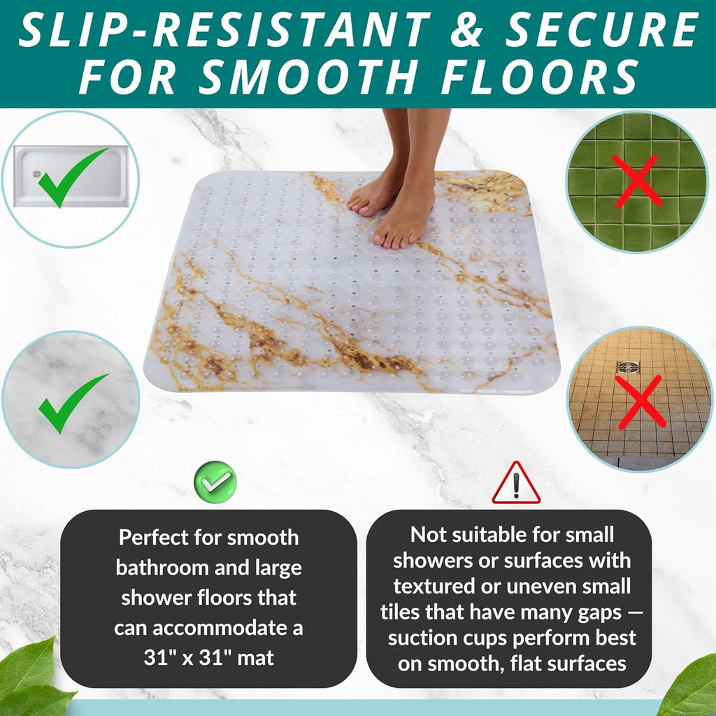ENKOSI Extra Large Square Non Slip Shower Mat - 31 x 31-inch XL Bathroom Shower Mat - Square Shower Matts for Shower Stall Floors | Secure Suction Cups and Drain Holes (31x31 Marble White Gold)