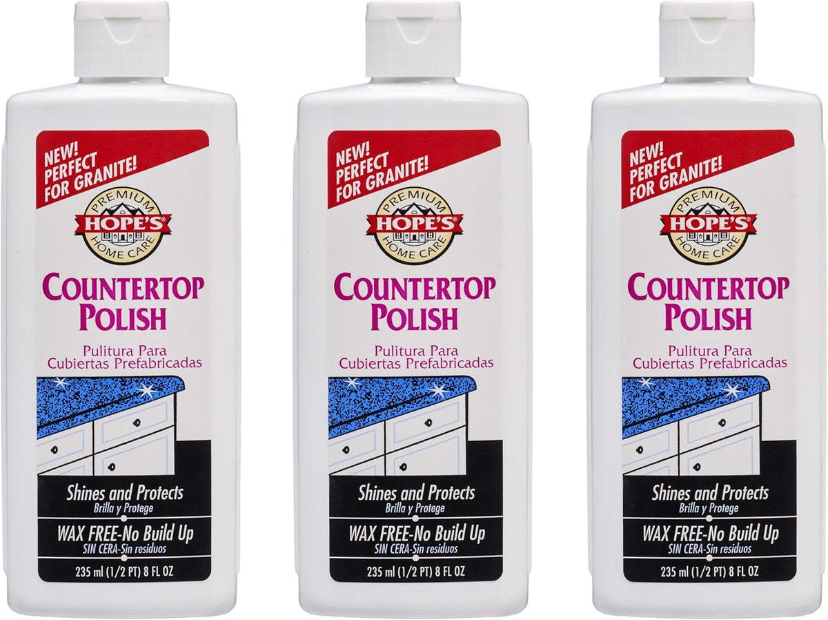 HOPE'S Countertop Restoration Polish, Streak-Free Kitchen Counter Cleaner, No Buildup on Countertops, Quartz, Marble, Corian, Composite, and Granite Polish, 8 Fl Oz, Pack of 3