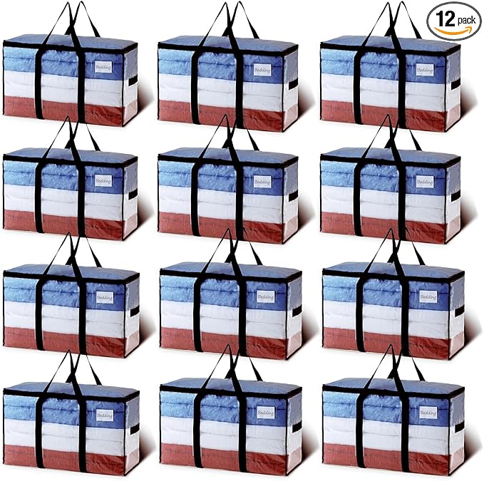 TAILI Extra Large Moving Bags, 12 Pack Clear Heavy Duty Totes For Storage with Visible Window, Wrap Around Handles, Storage Bags for Space Saving, Alternative to Moving Boxes