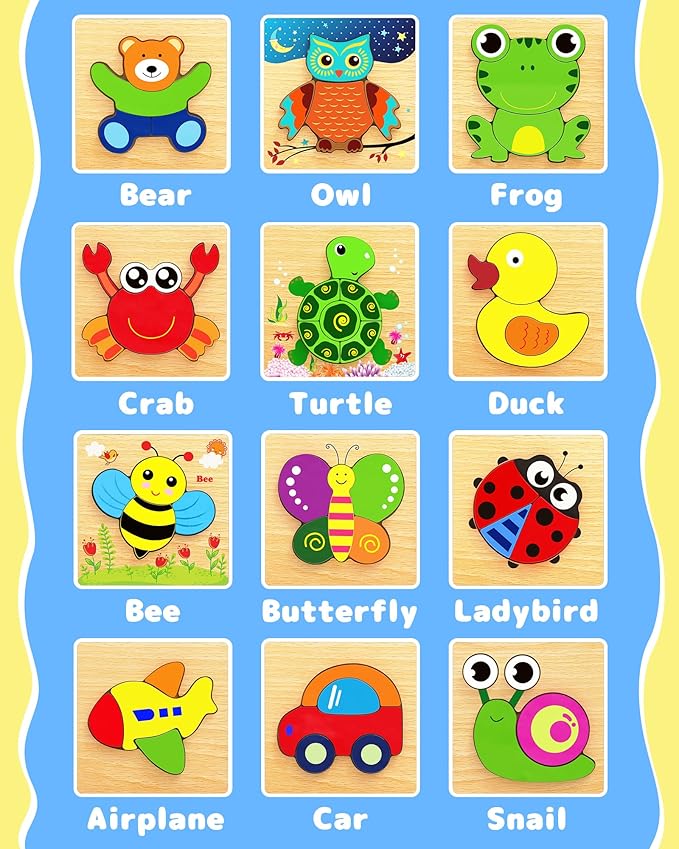 Bekayshad Wooden Puzzles Toddler Toys Gifts for 1 2 3 Year Old Boys Girls, 12 Pack Animal Jigsaw Puzzles Montessori Toys, Learning Educational Birthday Gifts for Girls Boys Ages 1-3
