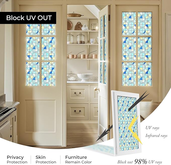 Window Privacy Film, Frosted Glass Decorative Static Cling, Removable Sun Blocking Vinyl Covering, Window Film for Home Kitchen Living Room Bathroom, Geometric Rings, 17.5" x 78.7 "