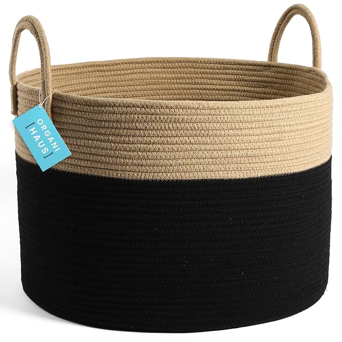 OrganiHaus Woven Laundry Basket, Large Cotton Rope Blanket Holder with Handles, Soft & Sturdy Nursery Hamper, Decorative Toy Bin for Living Room Organization 20x13 inches - Black/Honey