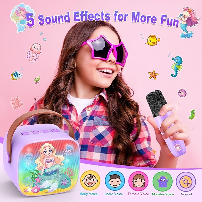 Mermaid Mini Karaoke Machine Toys: Kids Toys Girls Birthday Gifts Age 3-12+ LED Portable Bluetooth Speaker with 2 Wireless Microphone Gift Toy for 4 5 6 7 8 9 Years Old Girl Boy Kid Adult