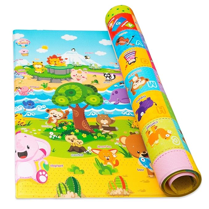 Baby Care Play Mat (Medium, Playful - Pinko & Friend) 73’’ x 49’’ Original One-Piece Reversible Rollable Waterproof Play Mat for Infants, Babies, Toddler, and Kids