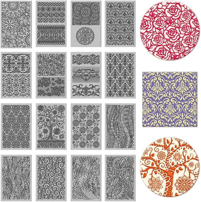CHGCRAFT 16 Sheets 16 Styles Retro Lace Polymer Clay Texture Mat Mandala Tree Modeling Pattern Pad Bohemian Texture Sheets for Polymer Clay Making Earrings Jewerly Tools, 4×2.6 inch