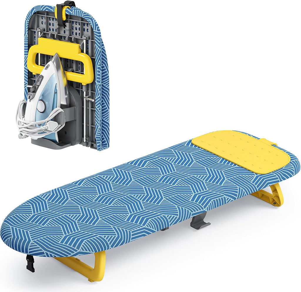 KINGBOARD Tabletop Ironing Board, Small Ironing Board with Iron Holder, Foldable Mini Iron Board, Easy Storage for Travel & Dorm, 12x32 Blue