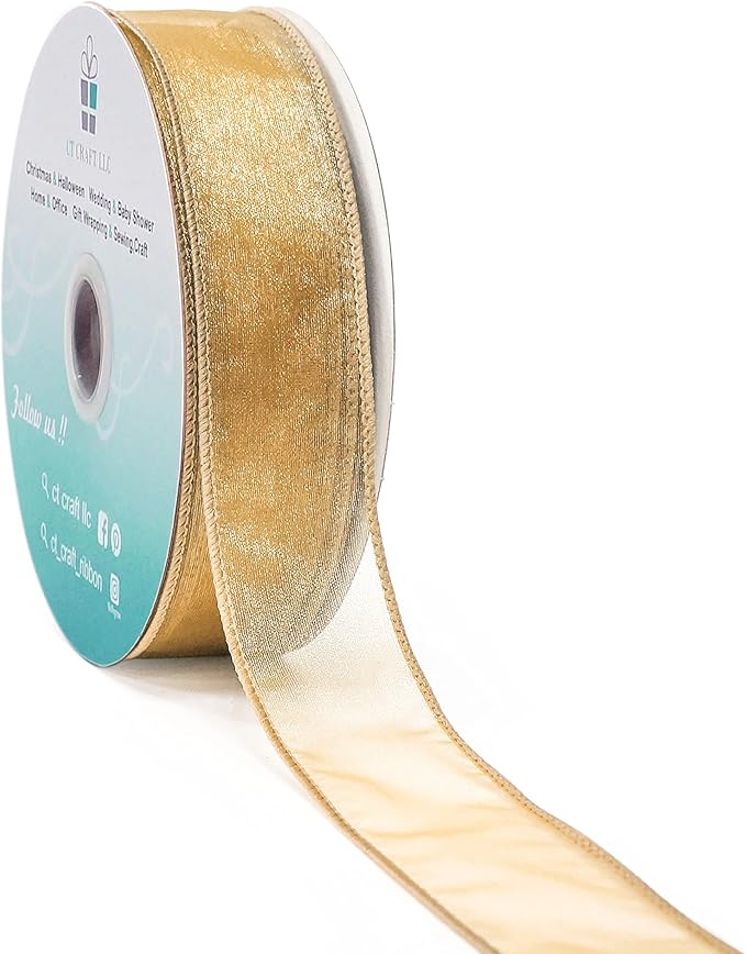 CT CRAFT LLC Sheer Organza Wired Ribbon 1.5" x 50Yards Tan (Gold) for Wedding Chair Bow Flora Bouquet Gift Wrapping Christmas Tree Home Decor Wreath