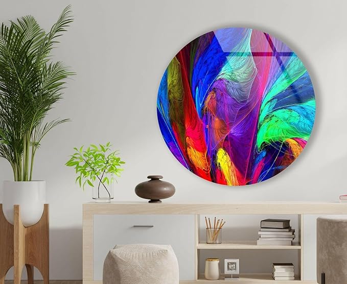 My Photostation.com 15.8''(40cm) Diameter Neon Colors Abstract Round Glass Wall Art Tempered Glass Printing Wall Decor Large Wall Art Wall Hangings