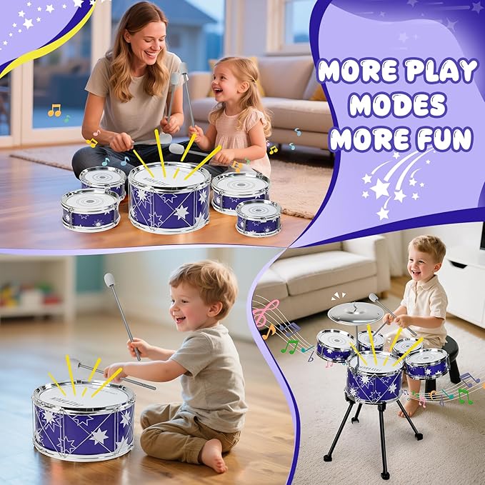 Upgraded Drum Set for Toddler Toy Ages 2-4 Kids Jazz Drums Kit with Stool Musical Instrument Toys for 3 4 5 Year Old Girls Boys Gifts