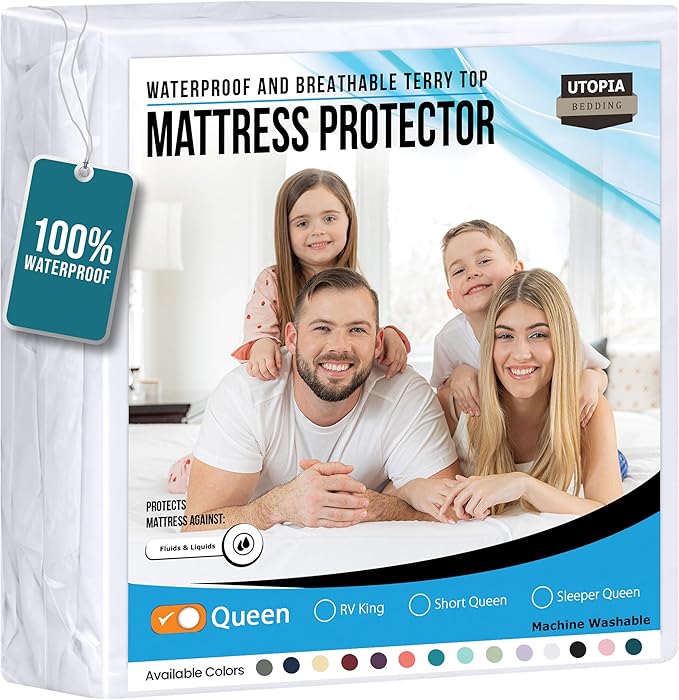 Utopia Bedding Waterproof Mattress Protector Queen Size, Premium Terry Mattress Cover 200 GSM, Breathable, Fitted Style with Stretchable Pockets (White)