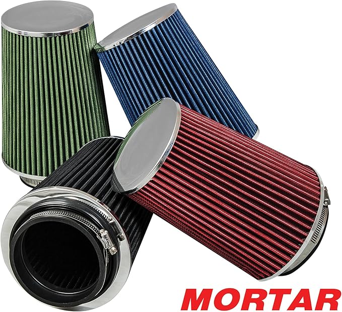Mortar Aftermarket Auto Air Filter - Car Enthusiast Class Universal Cold Air Intake Gulps in More Air for More Engine Power & Passionate Induction Sound, 8-In-Long, Flange ID 3.5 In, Red