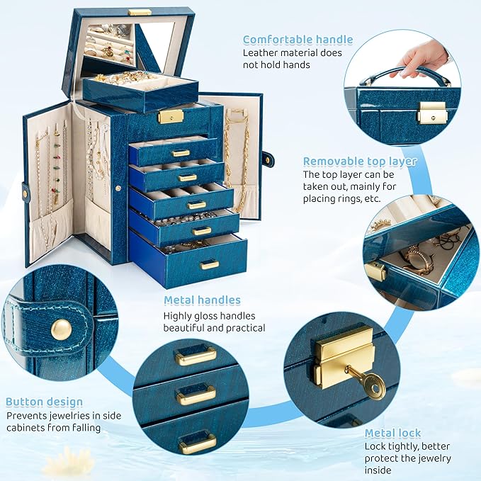 AKOZLIN 6-Tier Jewelry Box Lockable Leather Jewelry Storage Case with 5 Drawers for Women Girls Ring Necklace Earring Bracelet Holder Organizer with Mirror Blue