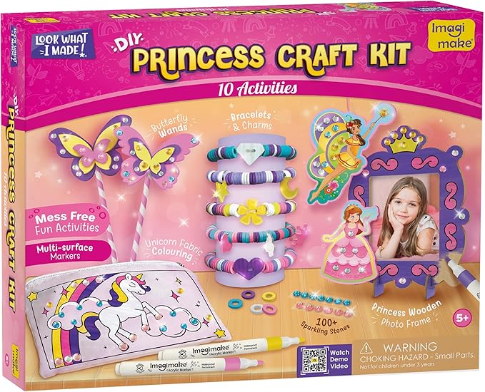 Imagimake Princess Craft Kit | 10 Mess-Free DIY Activities | Bracelet Making Kit, Unicorn Pouch, Butterfly Wands & Photo Frame | Girls Toys Age 6-8 | 5,6,7,8,9,10,11,12 Year Old Girl Birthday Gifts