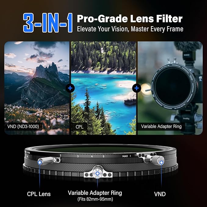H&Y RevoRing MKⅡ82mm 86mm 92mm 95mm Variable ND Filter & CPL Polarizer, 3-in-1 VND (ND3-1000) Camera Lens Filter with Adjustable Adapter Ring, 22 Multi-Layer Nanocoating