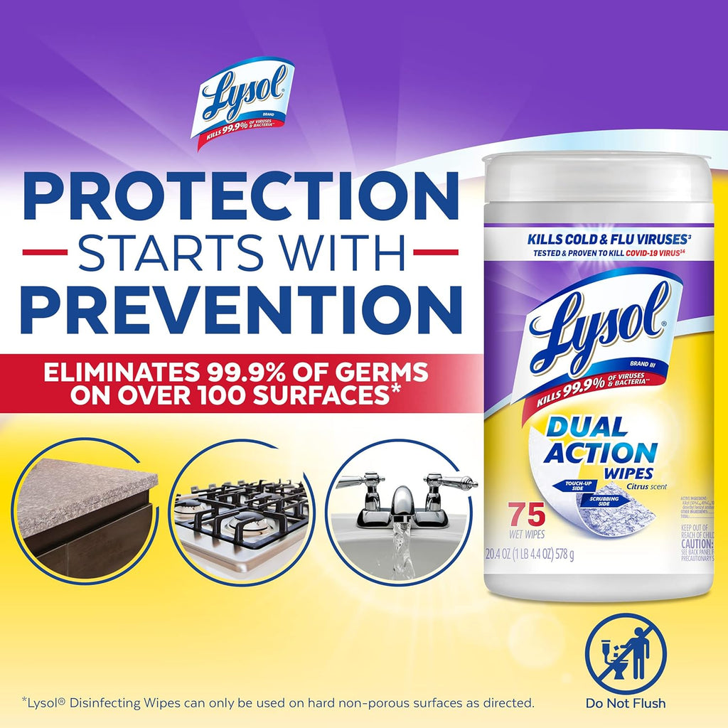 Lysol Dual Action Disinfectant Wipes, Multi-Surface Antibacterial Scrubbing Wipes, For Disinfecting and Cleaning, Citrus Scent, 75ct (Pack of 12), Packaging May Vary