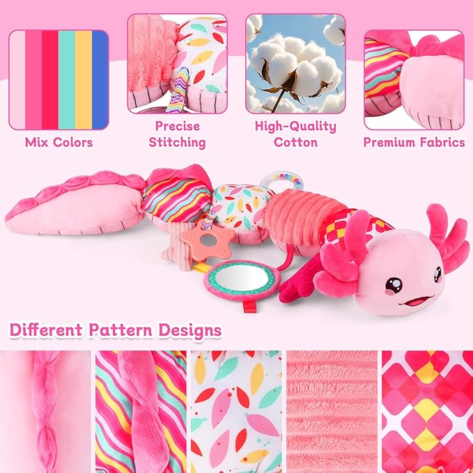 Baby Girls Toys 0-6 6-12 Months,Sensory Axolotl Caterpillar Toys Baby Rattles Musical Tummy Time Toys for 0 3 6 9 12 Months Stuffed Plush with Crinkle, Mirror,Teether for Infant Newborn Shower Gifts
