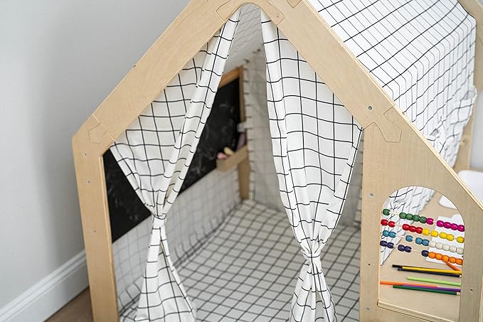 Avenlur Flair Montessori Style Wooden 5 in 1 Indoor Playhouse Play Tent with Desk Table, Chair, Chalkboard, Floor Cushion and Curtain Shades for Babies, Toddlers, Kids (Large, Windowpane)