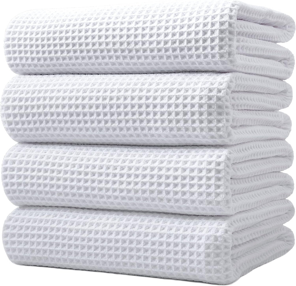 POLYTE Microfiber Oversize Quick Dry Lint Free Bath Towel, 60 x 30 in, 4 Pack (Waffle Weave)