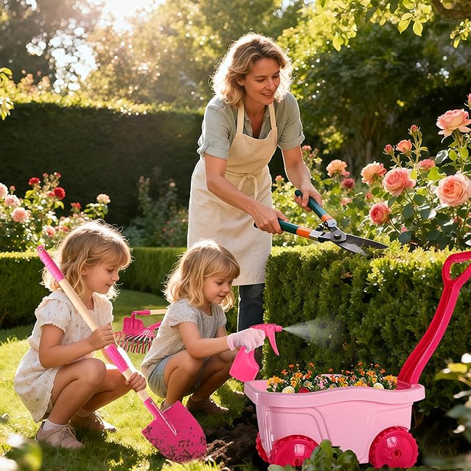 Duckura Kids Gardening Tools Set - 7pcs Wheelbarrow Set for Kids with Shovel, Rake, Leaf Rake, Summer Outdoor Yard Digging Weed Toys, Halloween Birthday Gifts for Boys Girls Age 2 3+ Years Old(Pink)