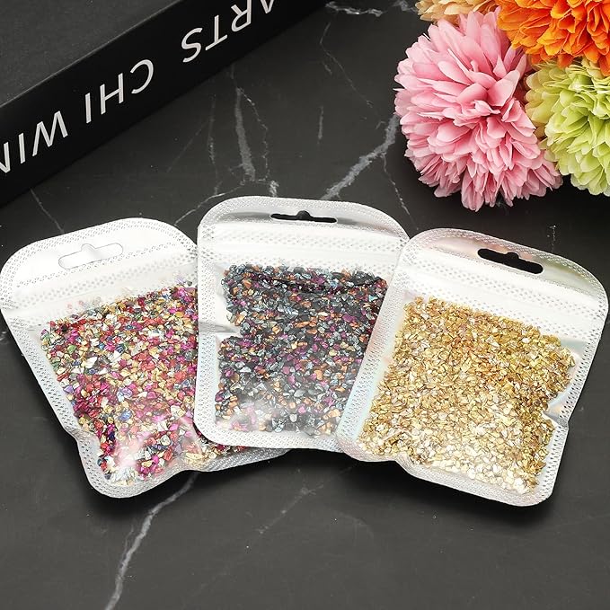uxcell 6 Colors Crushed Glass Chips, 1-3mm Irregular Glitter Metallic Glass Broken Glasses Pieces with Laser Bag for Craft DIY Vase Epoxy Halloween Decoration 31.5g, Solid Color