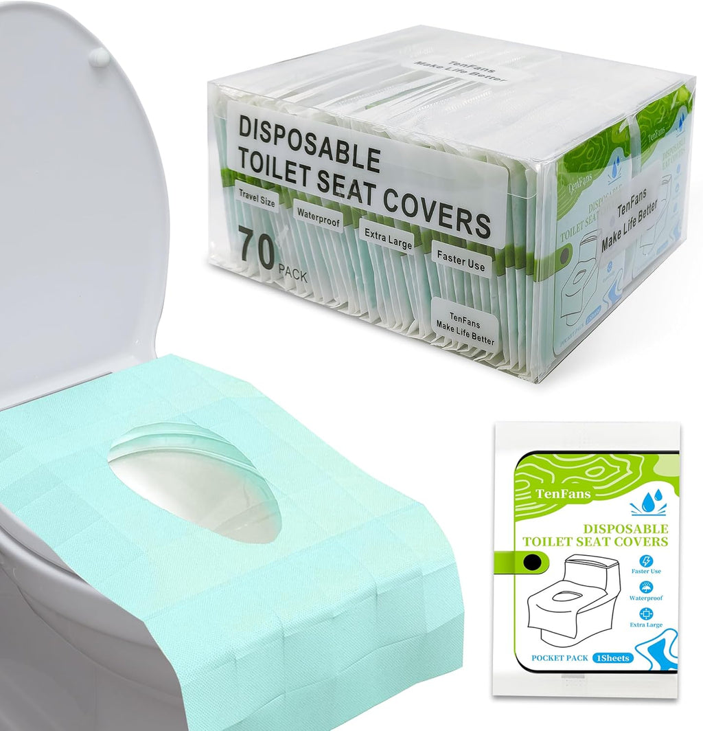 TenFan Disposable Toilet Seat Covers - 70-Pack Waterproof XL Travel Pack, Adhesive Secure Fit for Public Toilets, Camping, Airport & Hospital (Adults & Kids)
