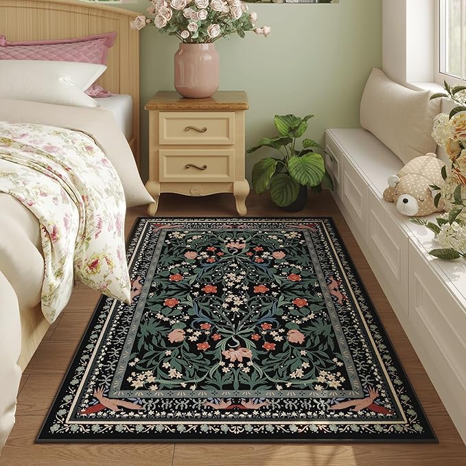 Bedroom Rug 3x5 Rug Washable Area Rug Non Slip Low Pile Vintage Floral Botanical Small Carpet for Bedroom, Bedside, Kitchen, Entryway, Kids Room, Office, Black
