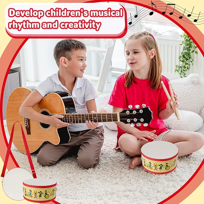 Kids Drum Set 8 Inch Wooden Toy Drum with Adjustable Strap 2 Drumsticks Educational Sensory Musical Instrument Toy Set for Toddlers Kid Baby Boys Girls Gift(Kids Style)
