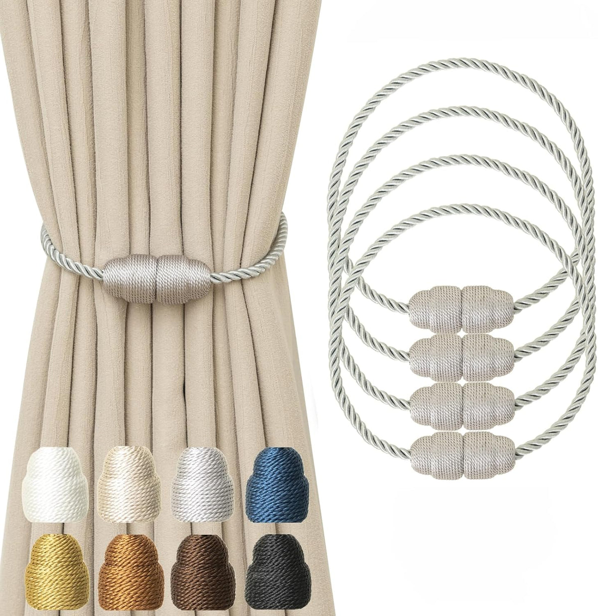 Magnetic Curtain Tiebacks Rope Curtain Tie Backs for Curtains 4 Pack Curtain Holders for Drapes Decorative Window Curtain Holdbacks, Grey