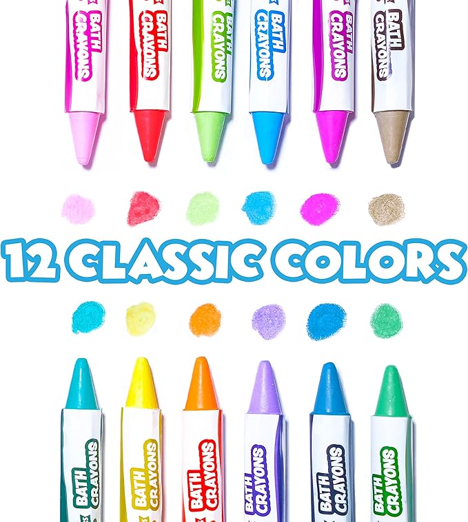 Tub Works® Smooth™ Bath Crayons Bath Toy, 12 Pack | Nontoxic, Washable Bath Crayons for Toddlers & Kids | Unique Formula Draws Smoothly & Vividly on Wet & Dry Tub Walls | Hexagon Grip Bathtub Crayons
