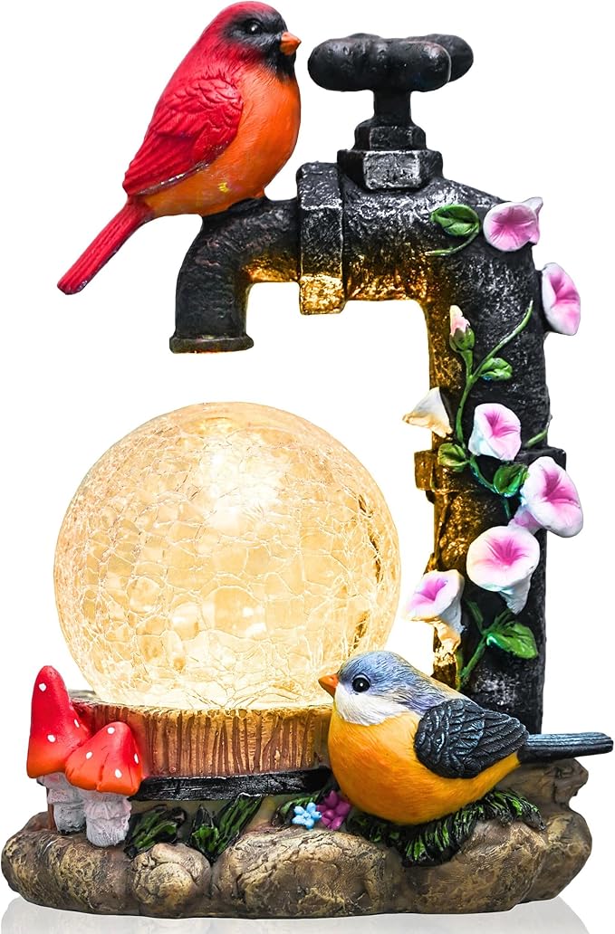 TERESA'S COLLECTIONS Garden Decor, Cardinal Garden Decor, Cute Cardinal and Faucet and Solar Light Glass Ball, Waterproof Resin Garden Statues, Cardinal Gifts, Birthday Gifts for Women Mom, 6"