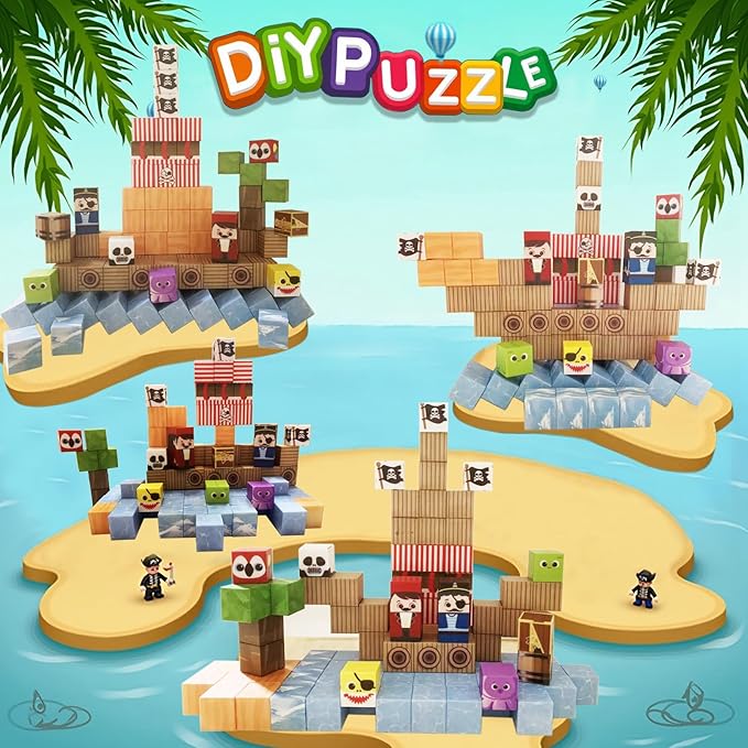 Magnetic Blocks Pirate Ship Magnet Cubes 100Pcs Montessori Building Block Sets STEM Sensory Construction Toys for Boys Girls Ages Kids 3-12 Birthday Party Gifts