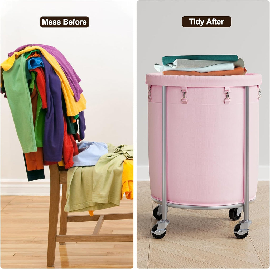 ELYKEN Laundry Basket with Wheels, 170L Rolling Laundry Hamper with Removable Bag and Steel Frame, Round Laundry Cart with 4 Casters and 2 Brakes, Ideal for Bedroom, Bathroom, Laundry Room, Pink