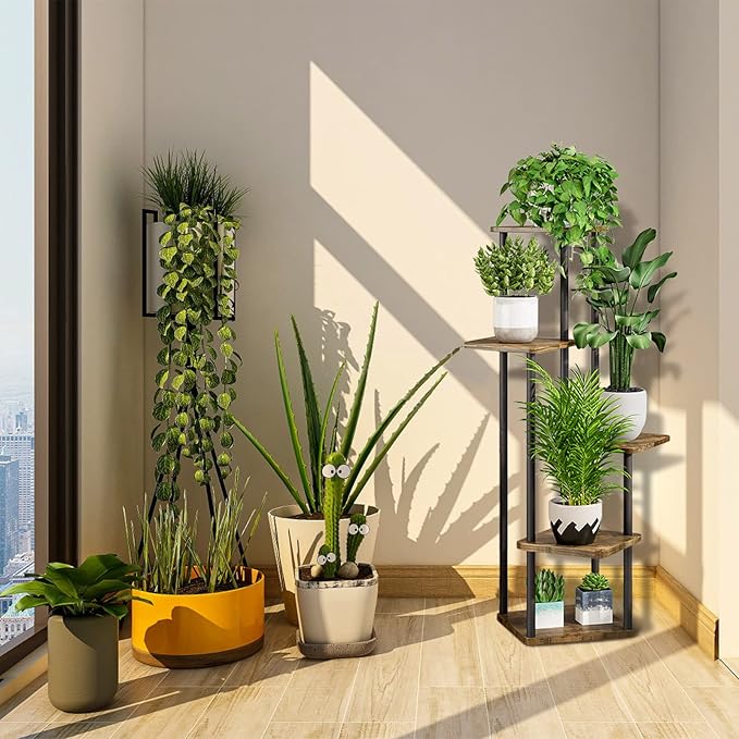 5 Tier Wood Tall Plant Stand Metal Rack Indoor, Multiple Flower Pot Holder Shelves Corner Rack, Planter Shelf Display Rack Storage Organizer for Patio Living Room Balcony Garden(Black)