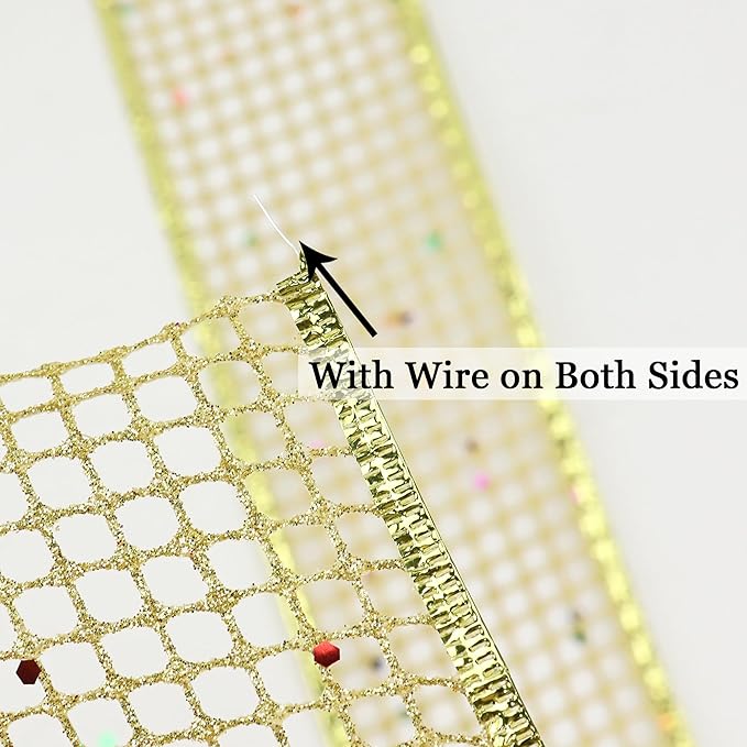 MEEDEE Gold Glitter Ribbon Gold Christmas Ribbon 2.5 Inch Square Mesh Net Wired Ribbon with Rainbow Sparkle Gold Wired Ribbon Gold Ribbon for Christmas Tree Decoration, Wreath Bow Making (10 Yards)