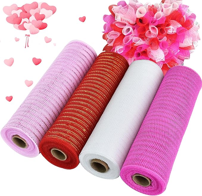 TONIFUL 4 Rolls 10 Inch Red/Pink/White Decorative Mesh Ribbbon Rolls, for Wreath Supplies Front Door Wreath Crafts Tree Decor Christmas NewYears Valentine's Day Decoration (30ft/roll, 120ft/Set)