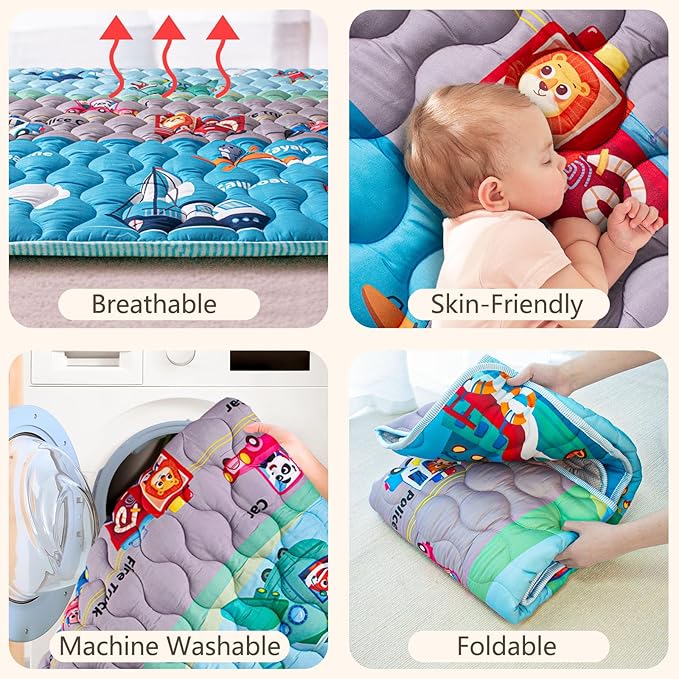 Baby Play Mat, 50x50 Playpen Mat with Super Soft Touch, Activity Mat with Upgraded Anti-Slip Bottom, Machine Washable Crawling Mat for Floor & Picnic (Vehicles)